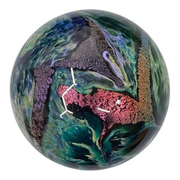 Hand Blown Glass Paperweight ASH Swirling Blue Green Oceanic Water Design Signed - Picture 3 of 7